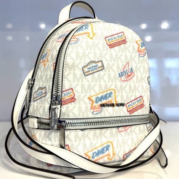 Michael Kors Rhea Extra-Small Printed Signature Logo Backpack Optic White - Picture 5 of 10